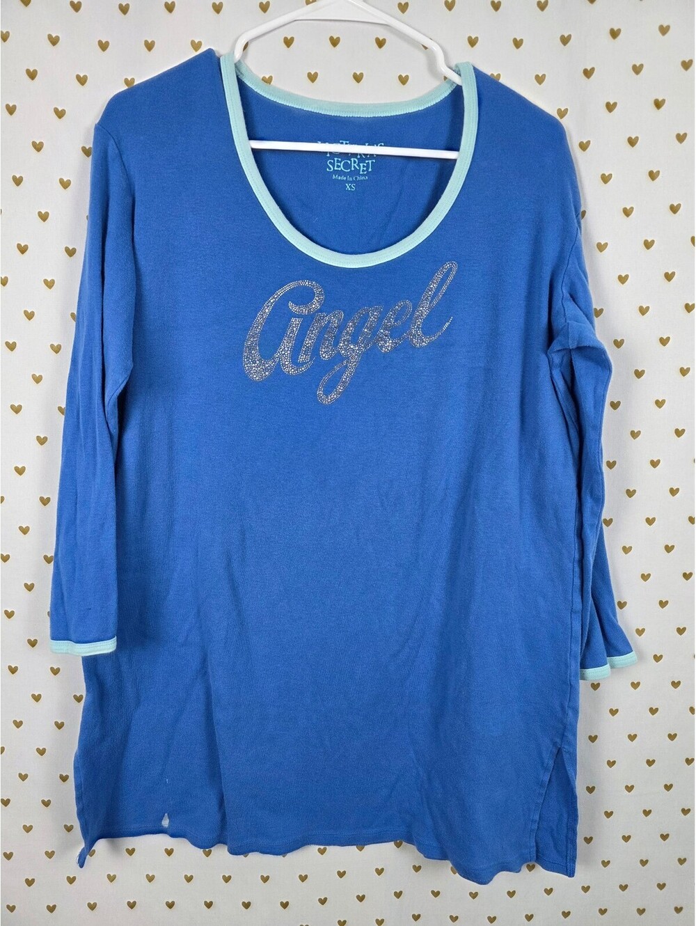 Victorias Secret ANGEL Glitter Logo Long Sleeve Sleep Shirt Blue Nightgown XS